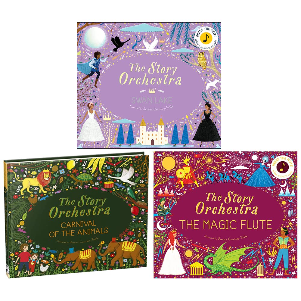 Front covers of The Story Orchestra 3-book hardback collection by Katy Flint and Jessica Courtney-Tickle, featuring Swan Lake, Carnival of the Animals, and The Magic Flute for ages 3-7.