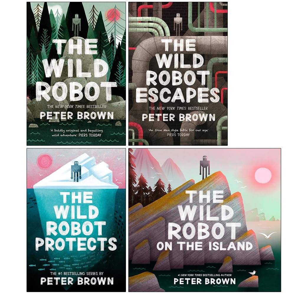 The Wild Robot Series by Peter Brown 4 Books Collection Set paperback front cover, ages 8-12