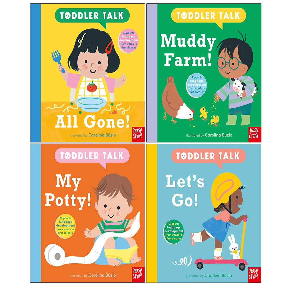 Toddler Talk 4 board book collection set by Carolina Buzio - front covers of All Gone!, Muddy Farm!, My Potty! and Let's Go!