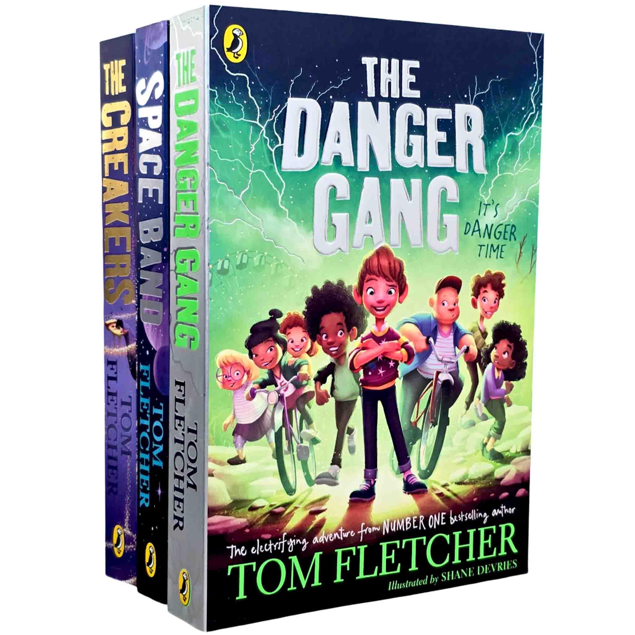 Tom Fletcher 3 Books Collection Set paperback front covers showing The Creakers, The Danger Gang, and Space Band for ages 8-12