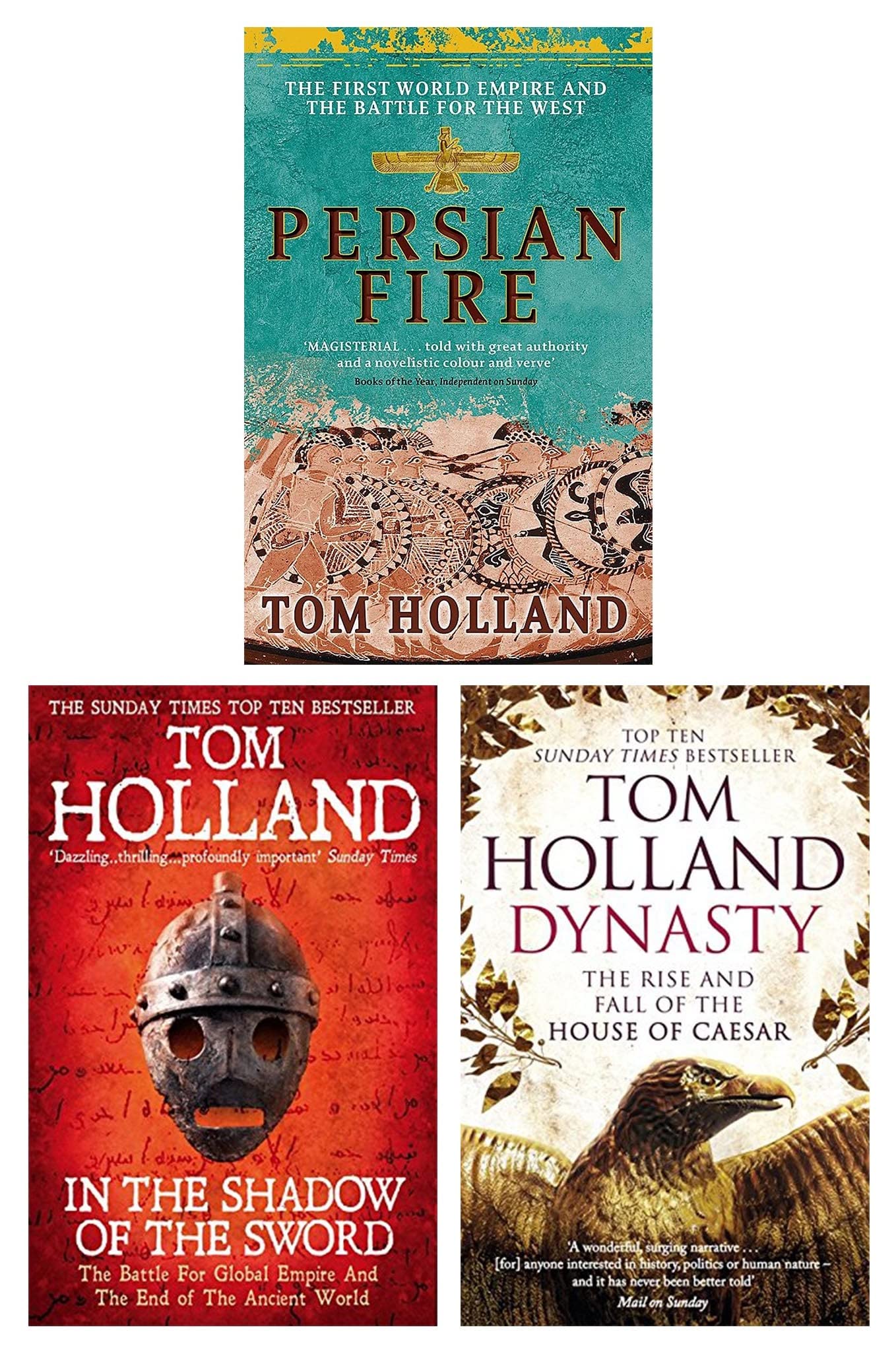 Tom Holland Collection 3 Books Set paperback cover featuring Persian Fire, In the Shadow of the Sword, and Dynasty