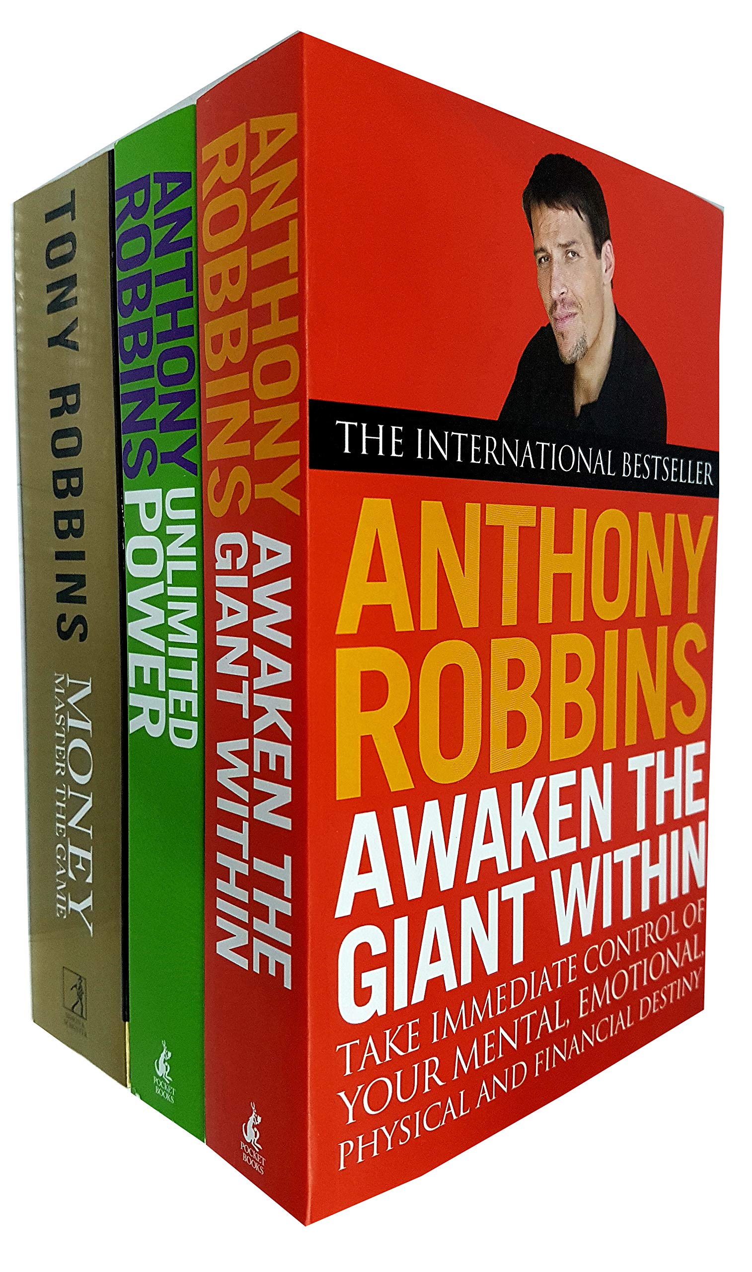 Front cover of the Tony Robbins 3 Books Collection Set paperback, featuring Awaken the Giant Within, Unlimited Power, and Money Master the Game.