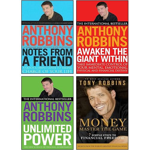 Tony Robbins 4 Books Collection Set paperback front cover featuring Notes From A Friend, Awaken The Giant Within, Unlimited Power, and Money Master the Game