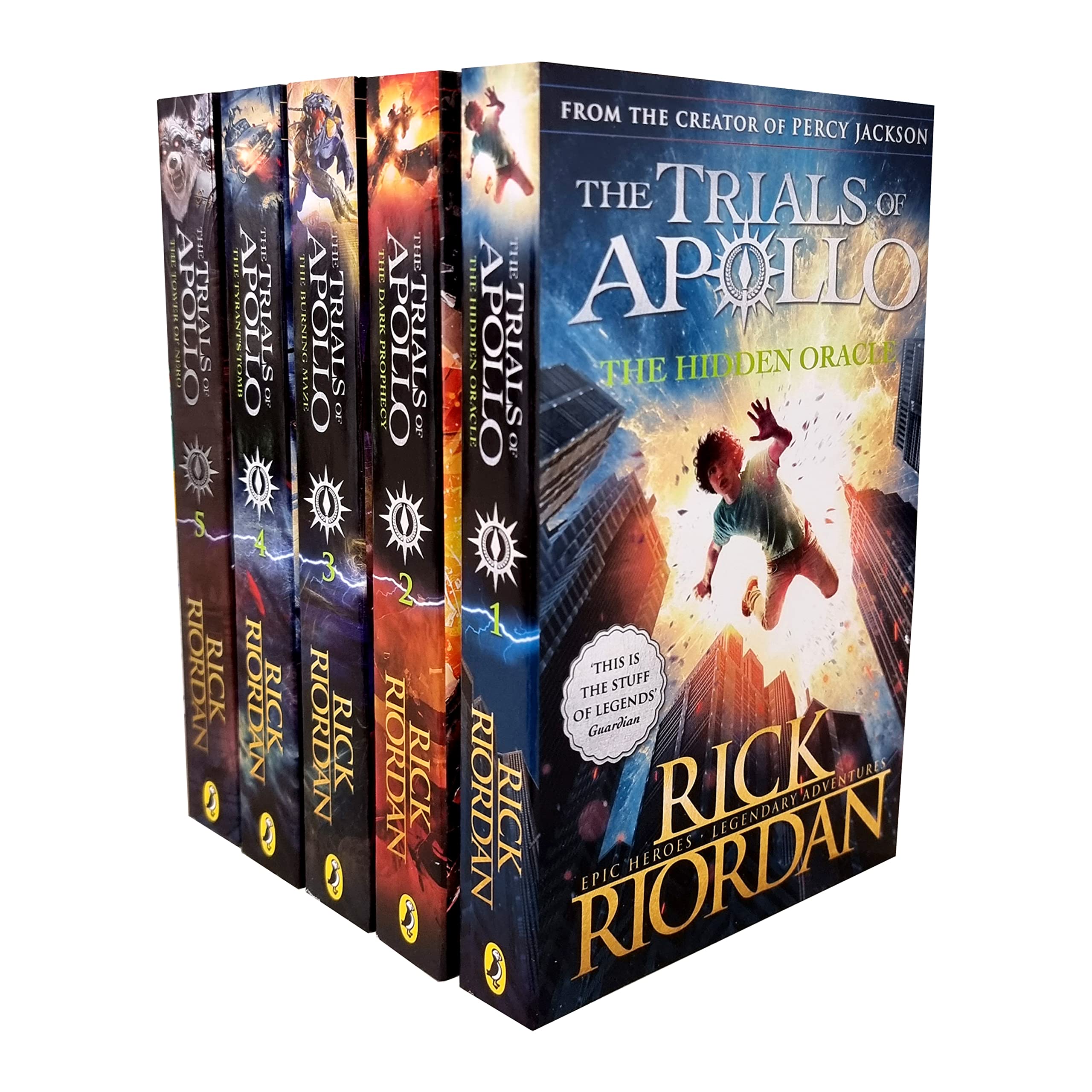 Front cover view of The Trials of Apollo 5-book paperback boxed set by Rick Riordan, showing all five spines together.