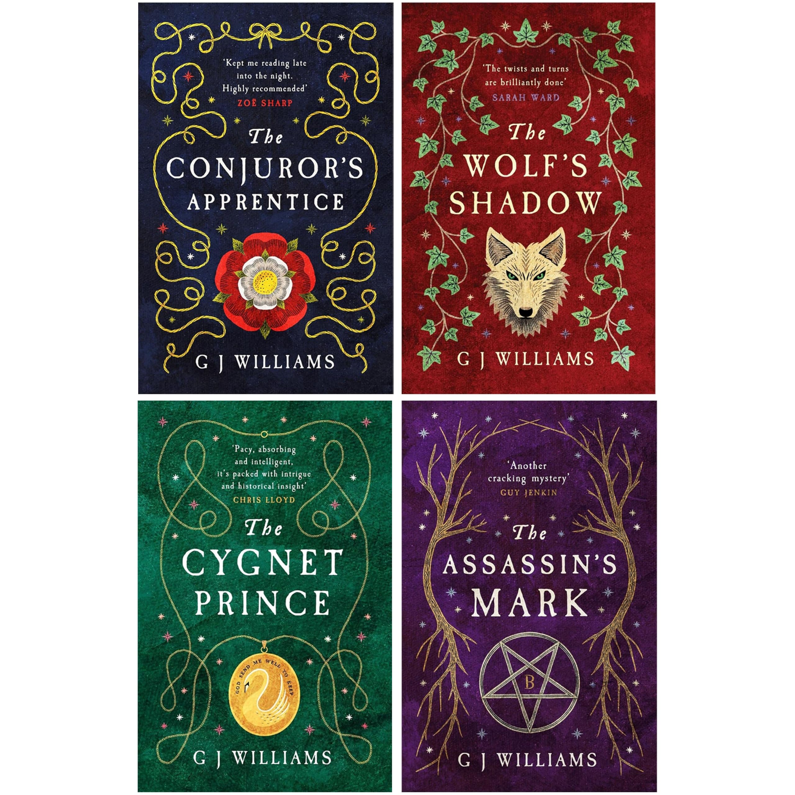 The Tudor Rose Murders by G J Williams 4-book paperback collection set cover, featuring The Conjuror's Apprentice, The Wolf's Shadow, The Cygnet Prince, and The Assassin's Mark