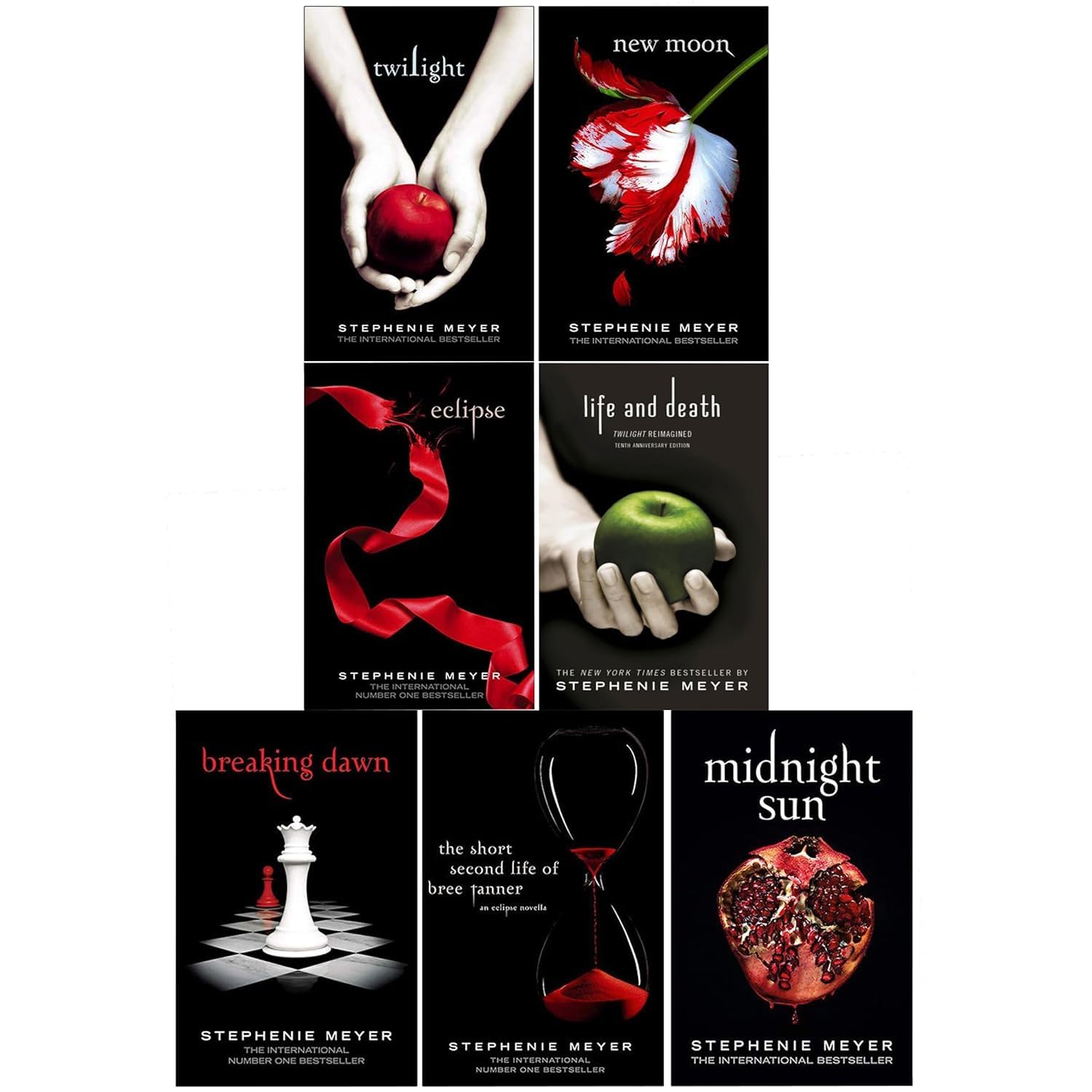 Twilight Saga by Stephenie Meyer 7 Books Collection Set paperback front covers, including Twilight, New Moon, Eclipse, Breaking Dawn, Midnight Sun, Life and Death, and The Short Second Life of Bree Tanner