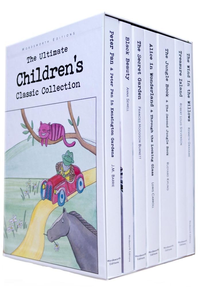 The Ultimate Children's Classic Collection 7 books paperback box set front cover, featuring Peter Pan, Alice in Wonderland, Treasure Island, Black Beauty, The Jungle Book, The Wind in the Willows, and The Secret Garden