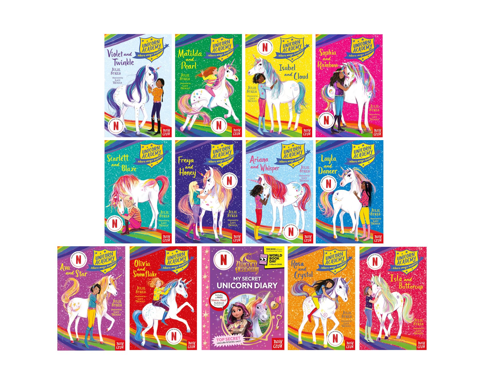 Unicorn Academy: Where Magic Happens 13 books collection set by Julie Sykes, paperback front covers fanned out