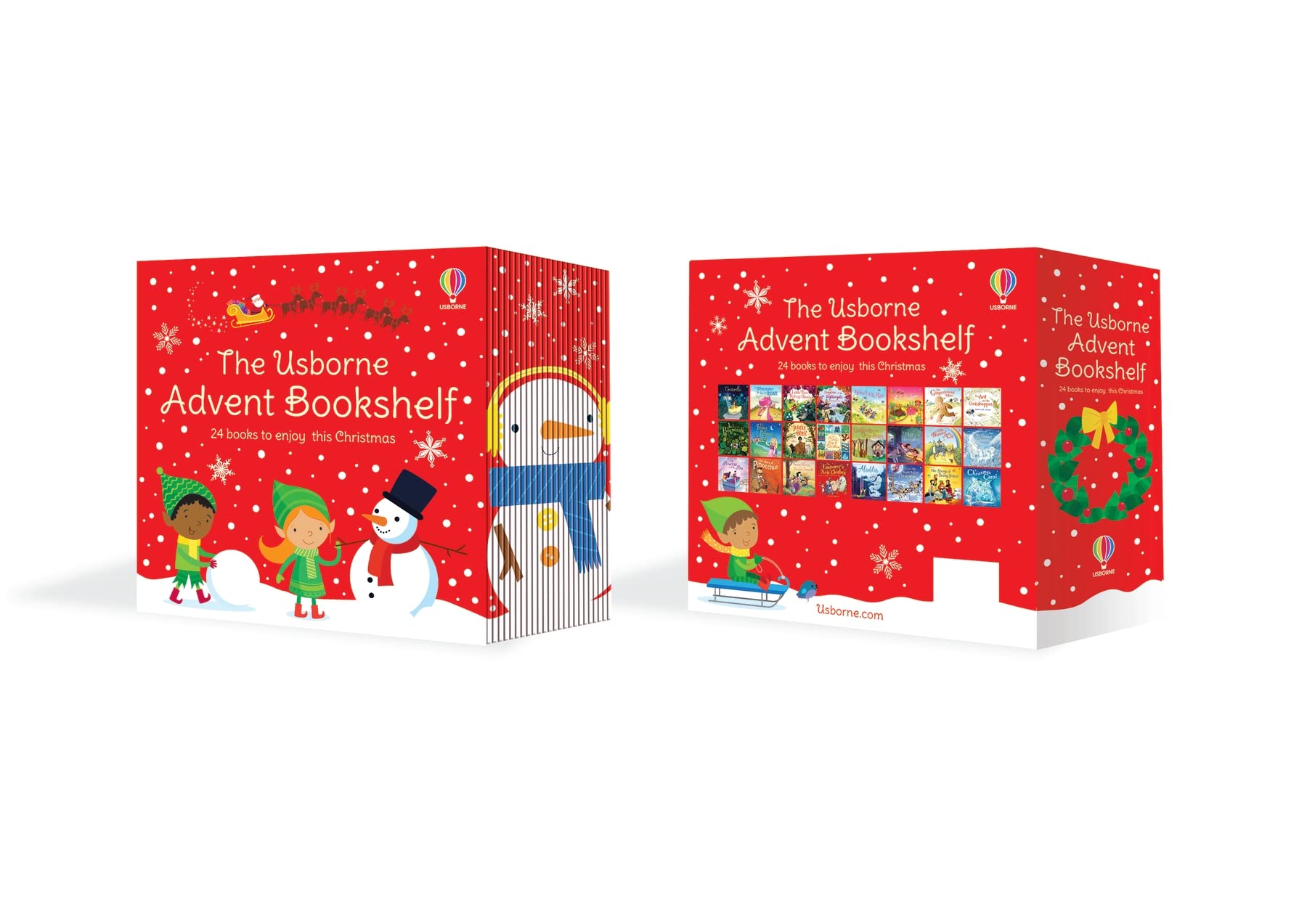 The Usborne Advent Bookshelf 24-book paperback collection set with festive box packaging, ages 3-7