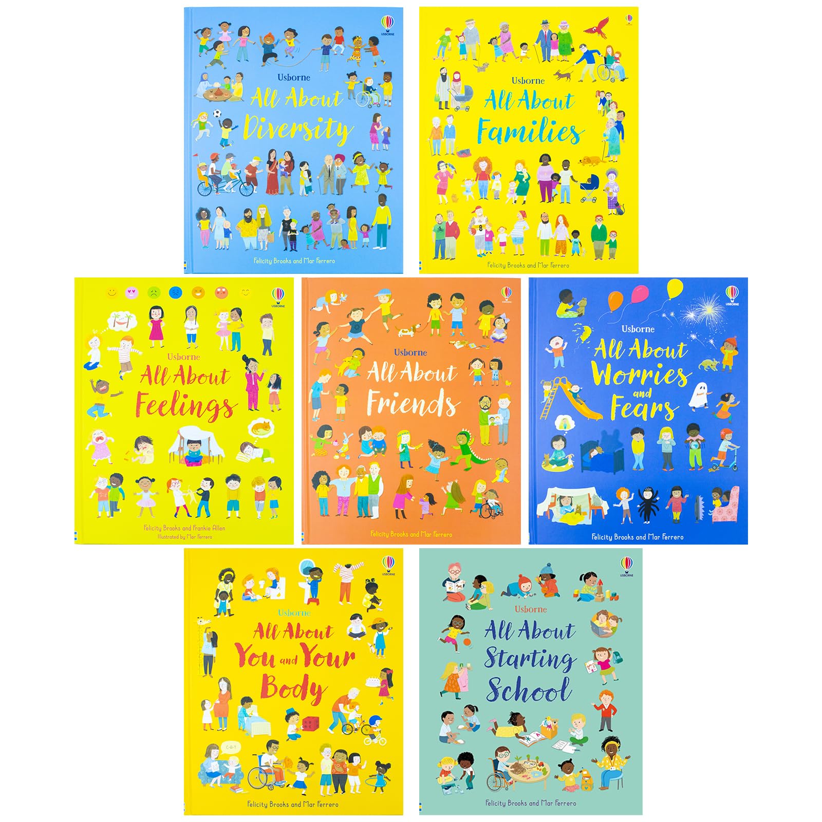 Usborne All About Feelings 7 book hardcover collection set by Felicity Brooks, showing all covers including All About Feelings, All About Families, and All About Diversity