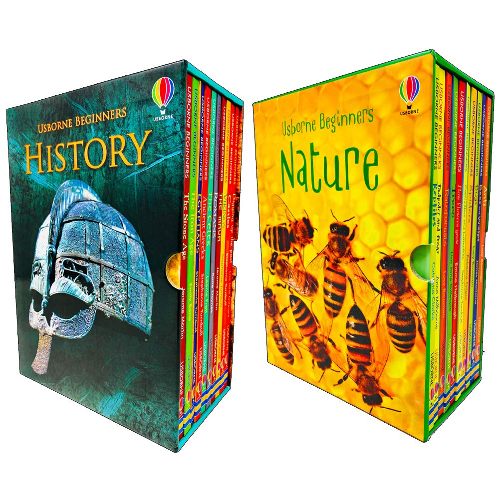 Full set of 20 Usborne Beginners History & Nature hardback books fanned out, showing colorful covers for Stone Age, Egyptians, Vikings, Reptiles, and more, ages 5-7.