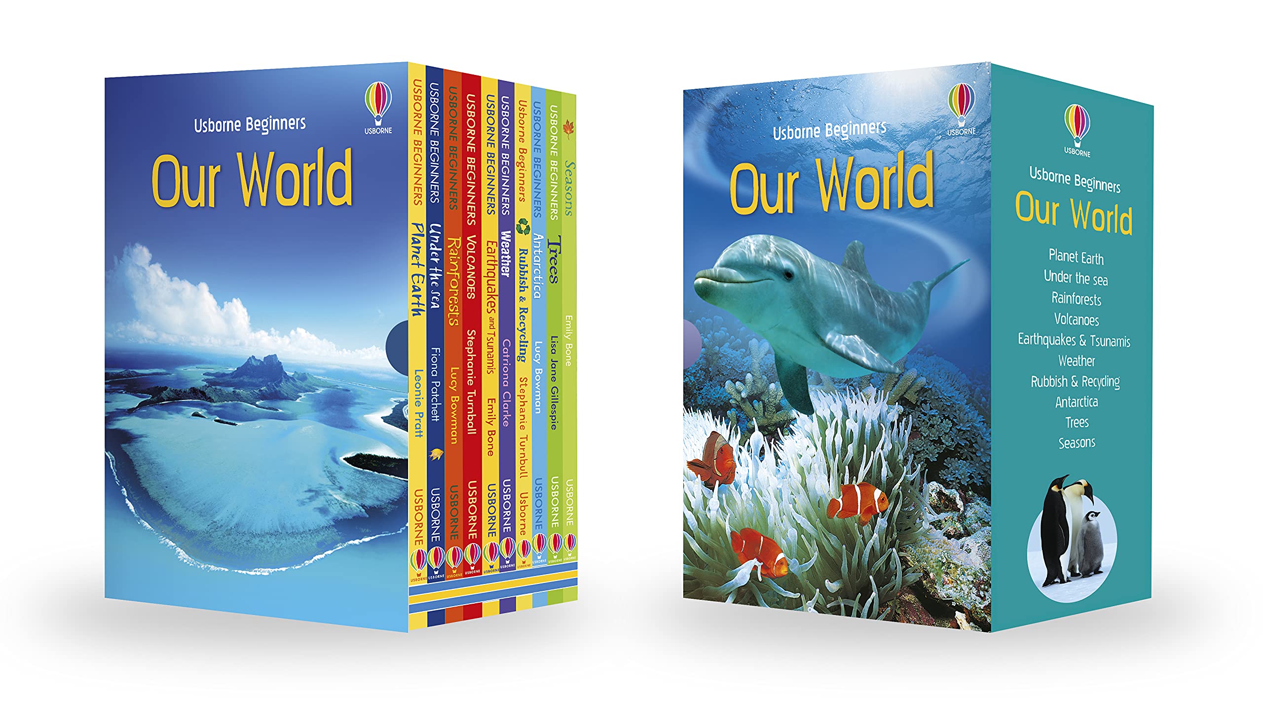 Set of 10 Usborne Beginners Our World hardback books for ages 5-7, covers fanned out showing Seasons, Trees, Antarctica, and more
