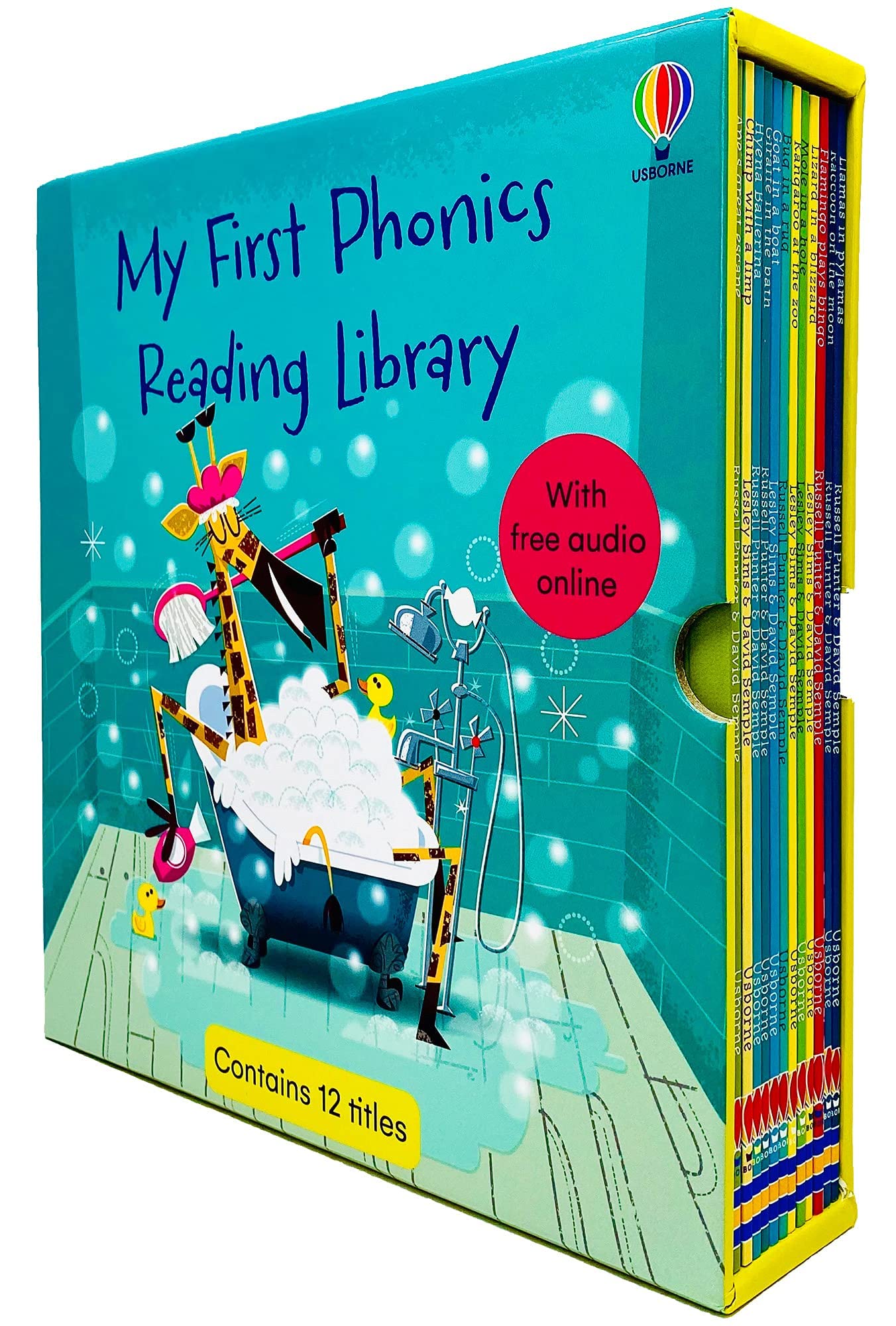 Front cover of the Usborne Phonics Readers 12-book paperback box set for ages 3-7, showing colorful animal characters