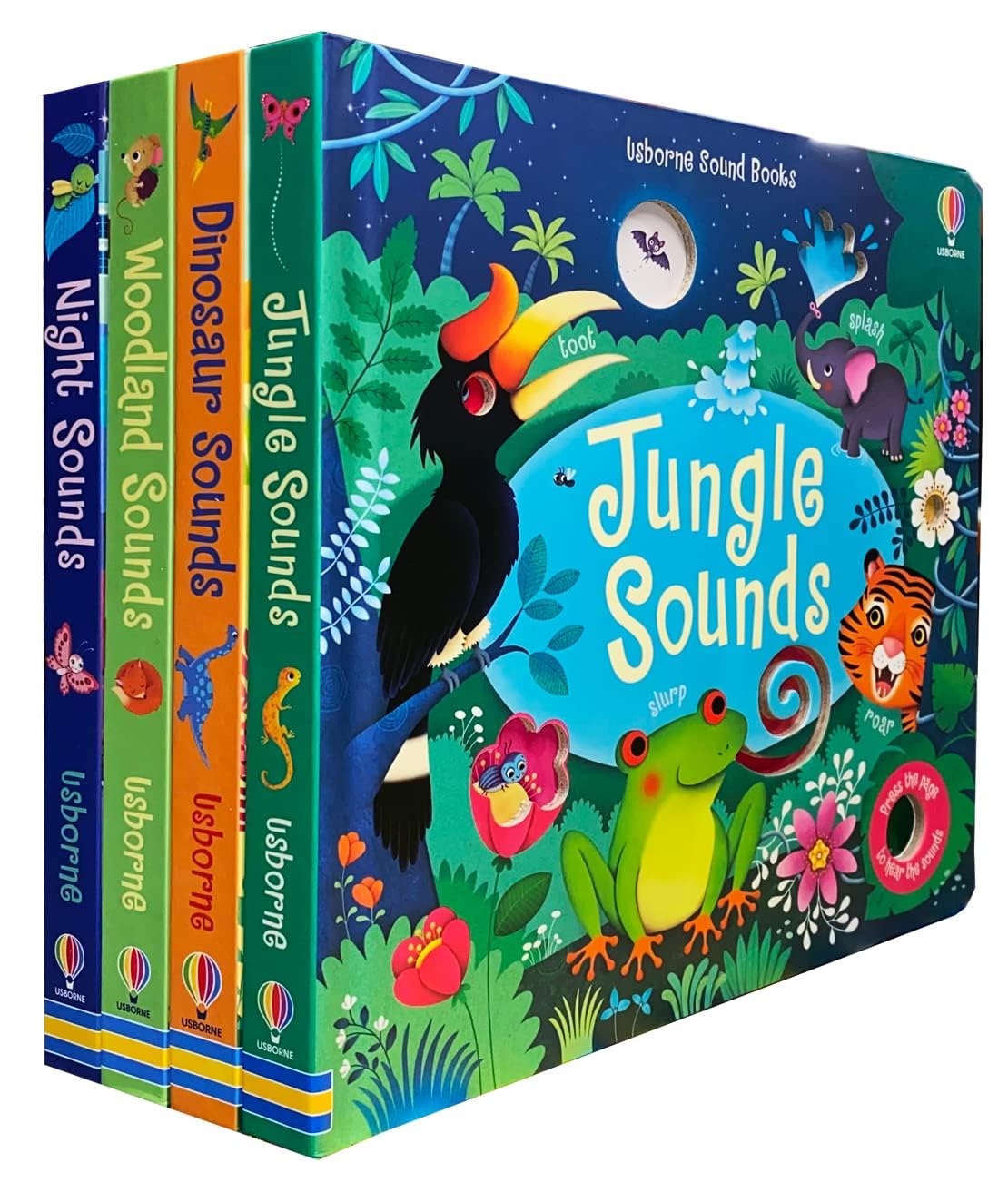 Usborne Sound Books Collection by Sam Taplin, 4-book board book set, front covers of Jungle Sounds, Dinosaur Sounds, Woodland Sounds, and Night Sounds