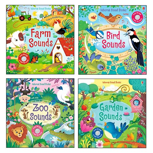 Usborne Sound Books 4-book board book set by Sam Taplin - front covers of Farm Sounds, Bird Sounds, Garden Sounds, and Zoo Sounds