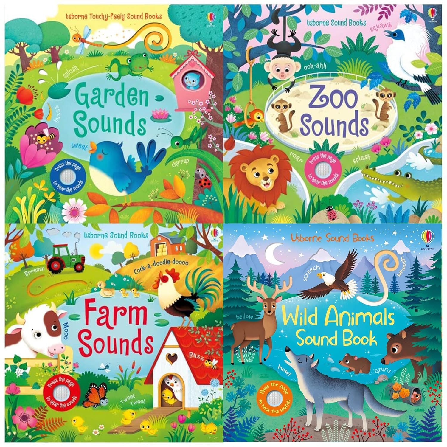 Usborne Sound Books Series 2 by Sam Taplin, 4-book board book set front cover artwork for ages 0-5