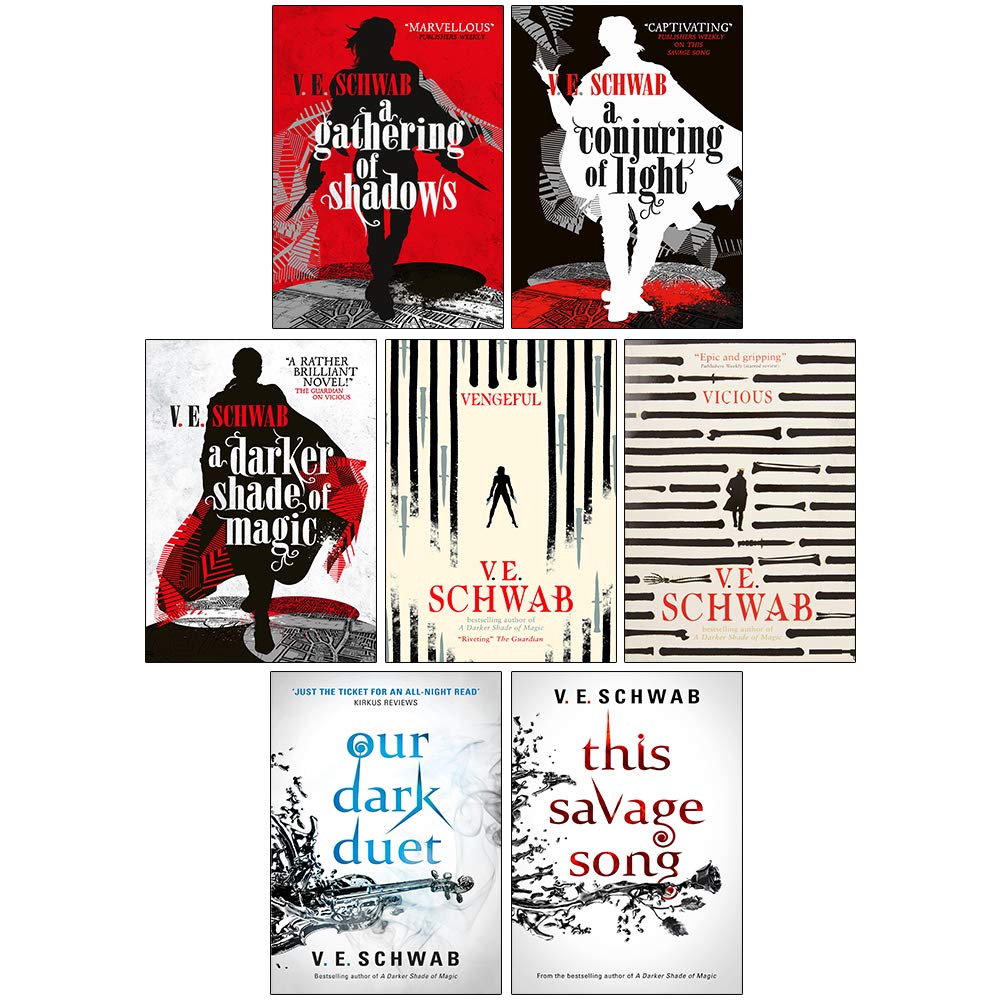 Front cover view of the V.E. Schwab 7 Books Collection Set in paperback, showing all seven titles from the Shades of Magic, Villains, and Monsters of Verity series.