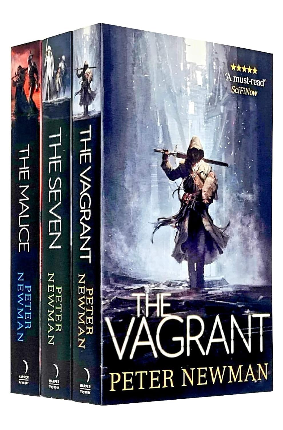 The Vagrant Trilogy by Peter Newman 3 books collection set paperback front cover, showing The Vagrant, The Seven, and The Malice