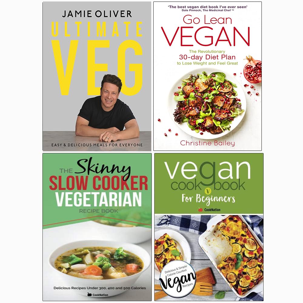 Front covers of the Veg by Jamie Oliver and Others 4 Books Collection Set in paperback, showing all four vegan and vegetarian cookbook titles.