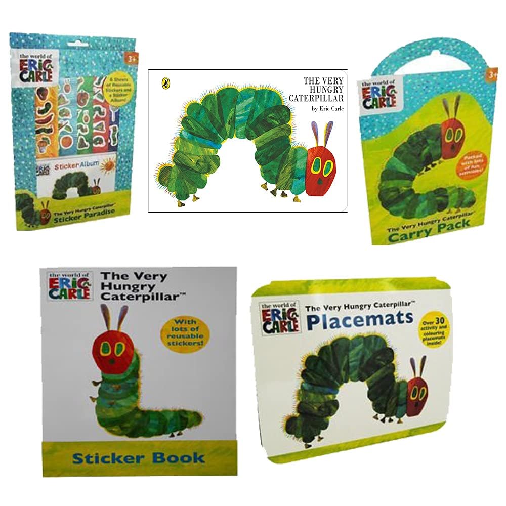 The Very Hungry Caterpillar 5 Books Collection Set by Eric Carle - paperback front cover of the boxed set with story book, sticker books, carry pack, and placemats