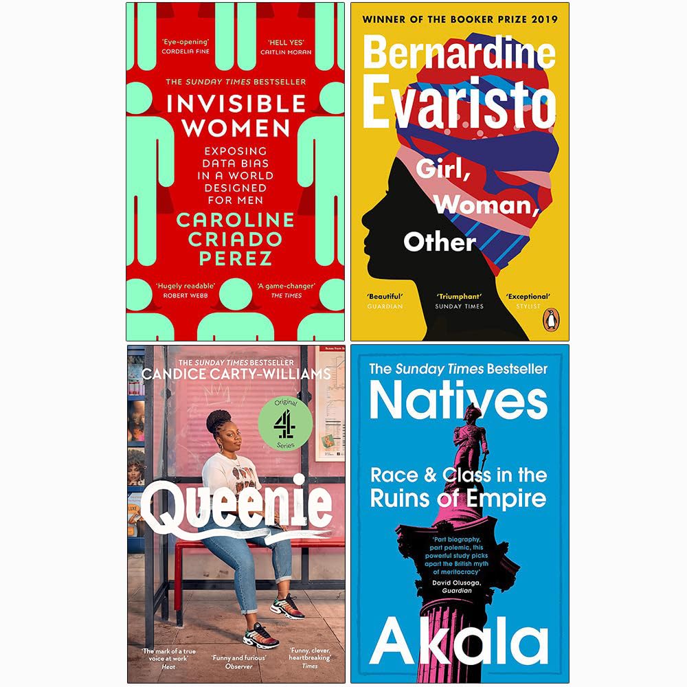 Voices Collection 4-book paperback set stacked on a wooden surface, showing front cover spines of Invisible Women, Girl Woman Other, Queenie, and Natives.