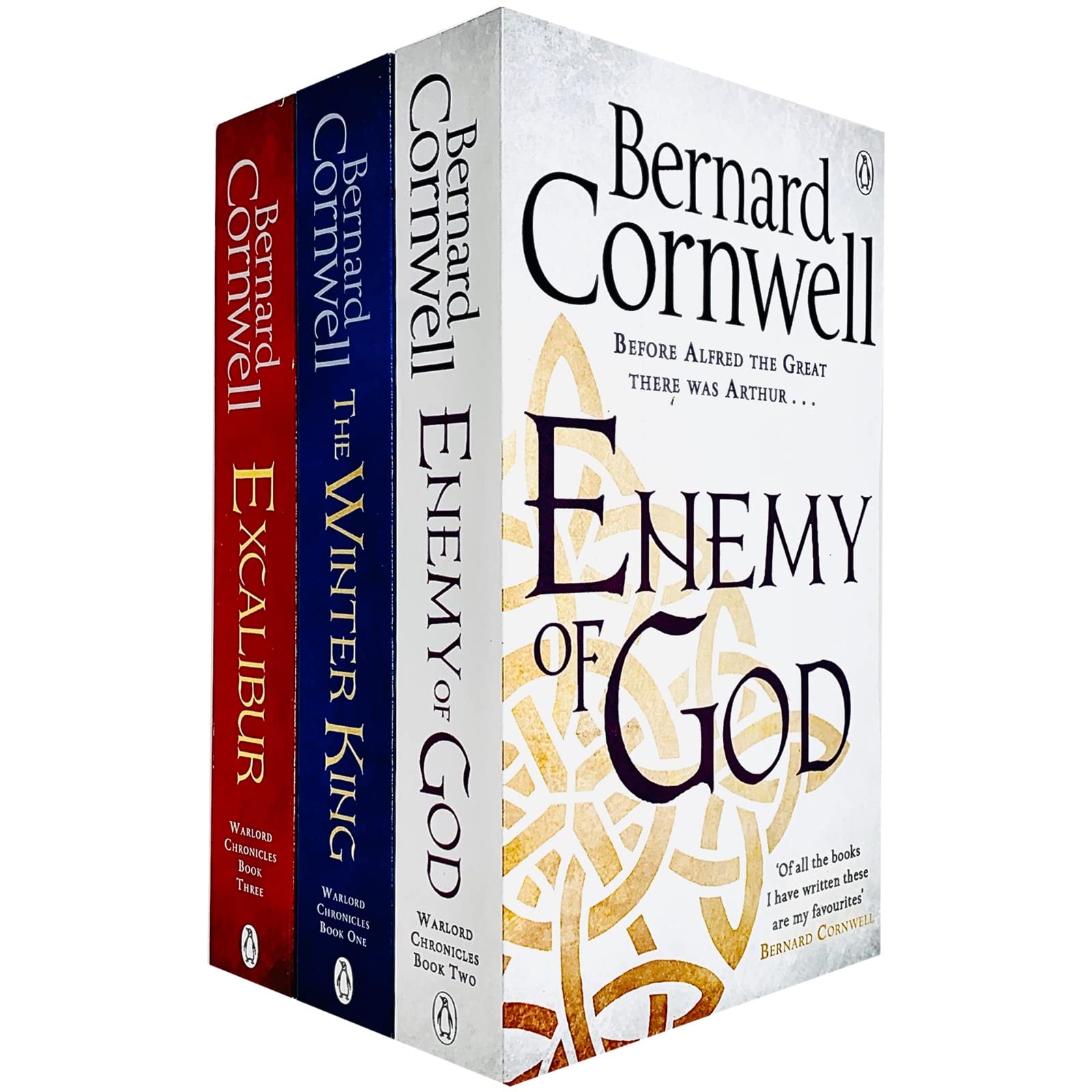 The Warlord Chronicles by Bernard Cornwell 3-book paperback collection set - front covers of The Winter King, Enemy of God, and Excalibur.