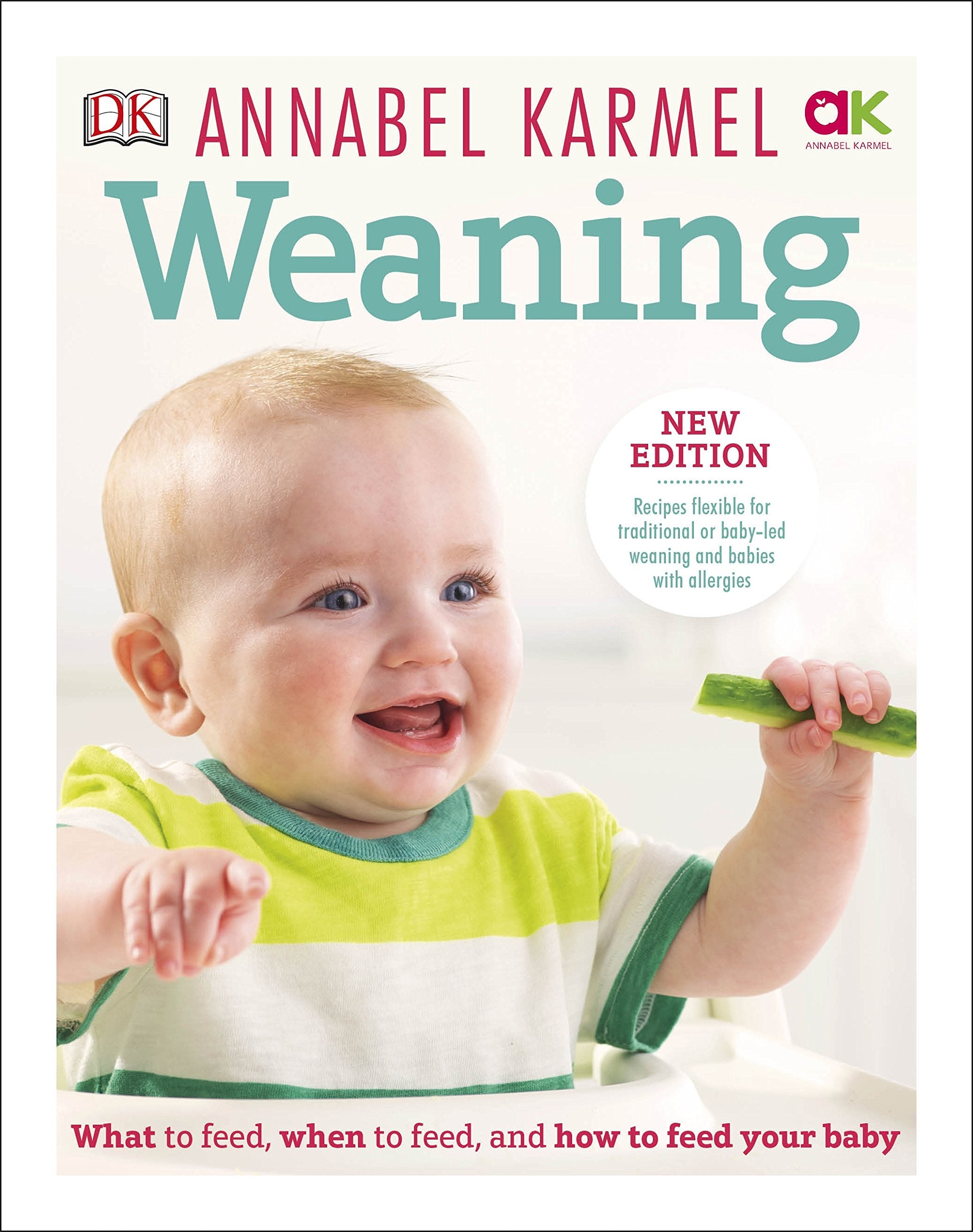 Front cover of Weaning by Annabel Karmel, a paperback baby feeding and weaning guide with 60+ recipes and menu planners.