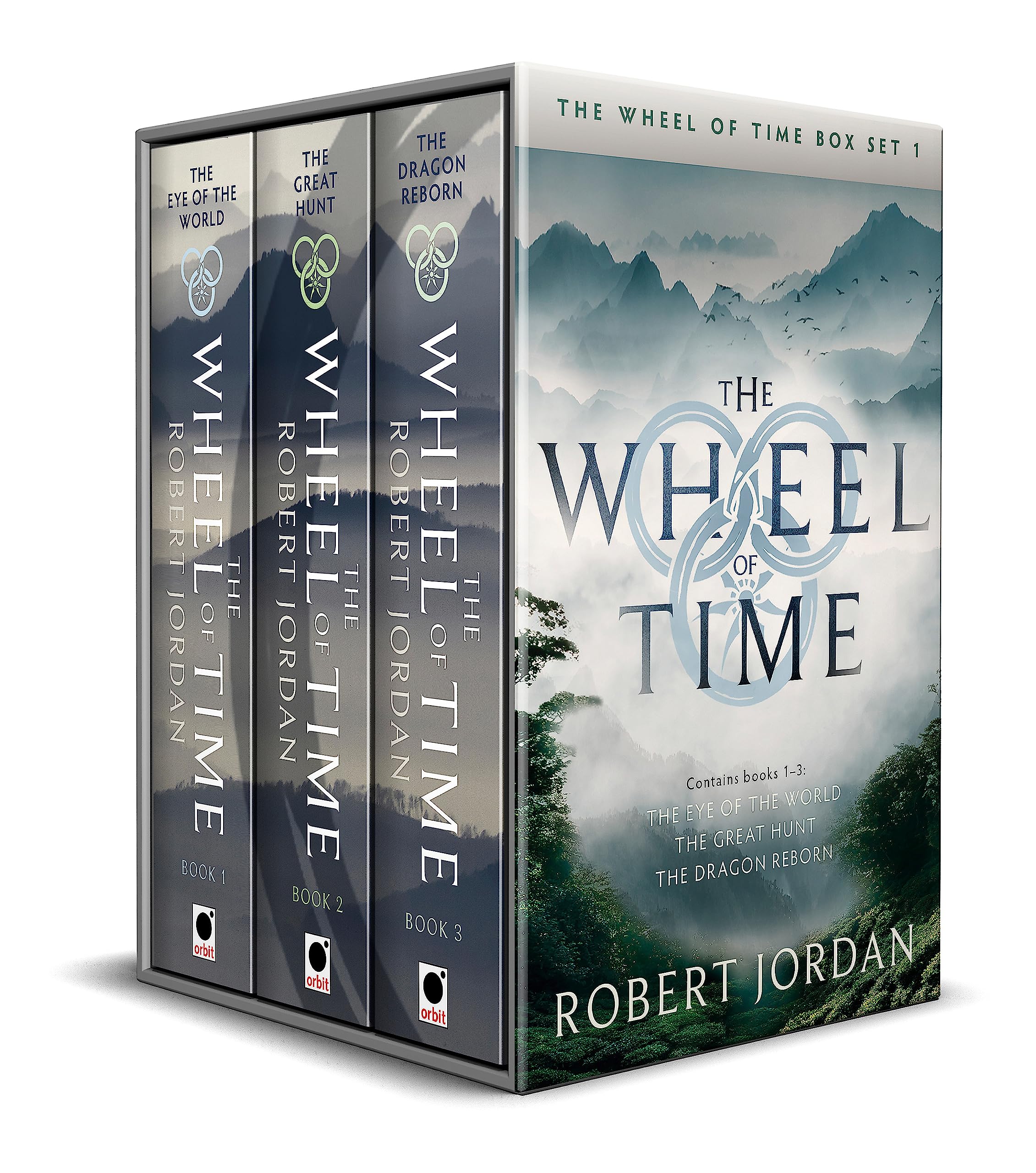 Wheel of Time Box Set 1 Books 1-3 by Robert Jordan paperback front cover, featuring The Eye of the World, The Great Hunt, and The Dragon Reborn