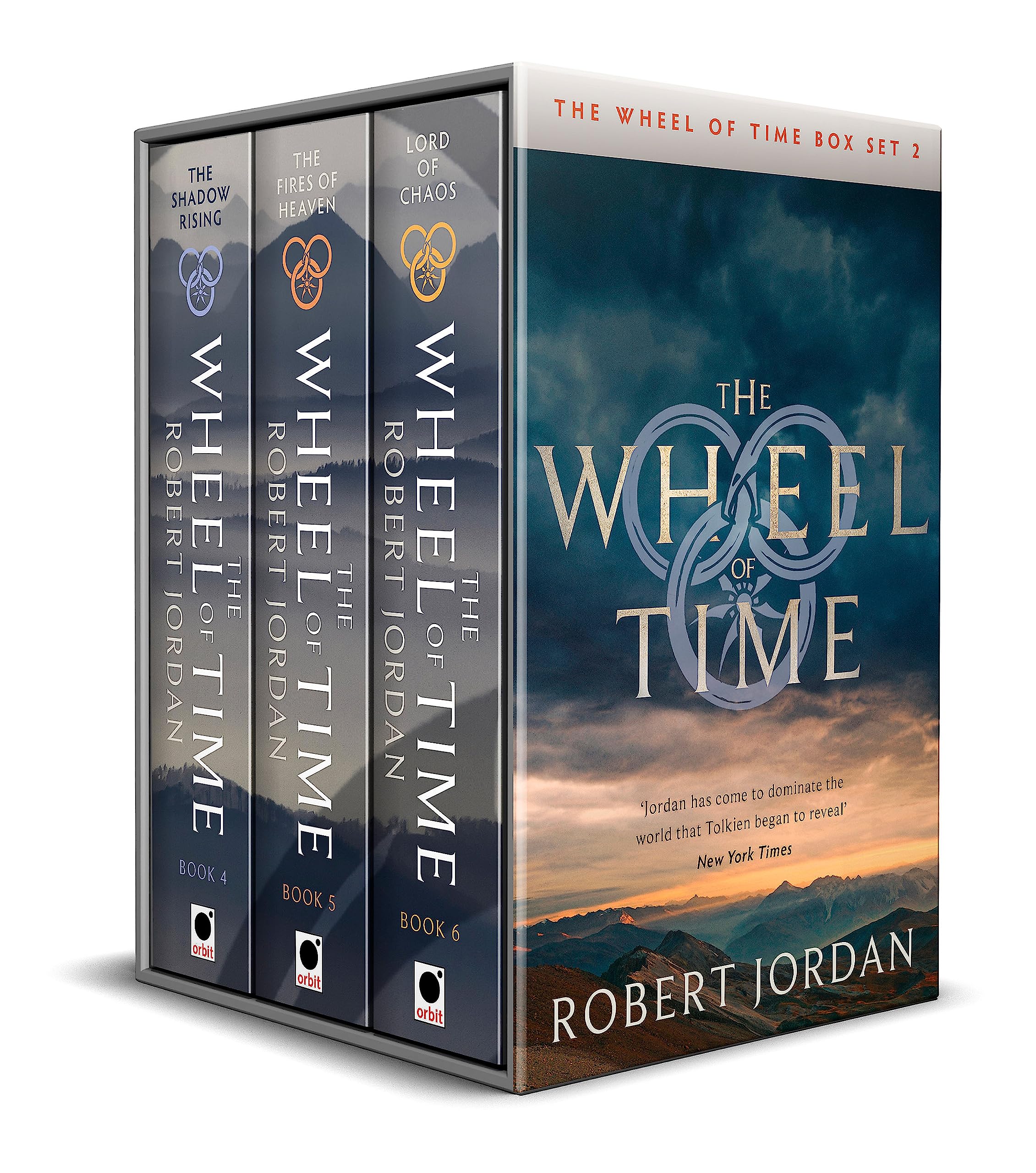 Front cover of The Wheel of Time Box Set 2 by Robert Jordan, paperback set containing The Shadow Rising, The Fires of Heaven, and Lord of Chaos