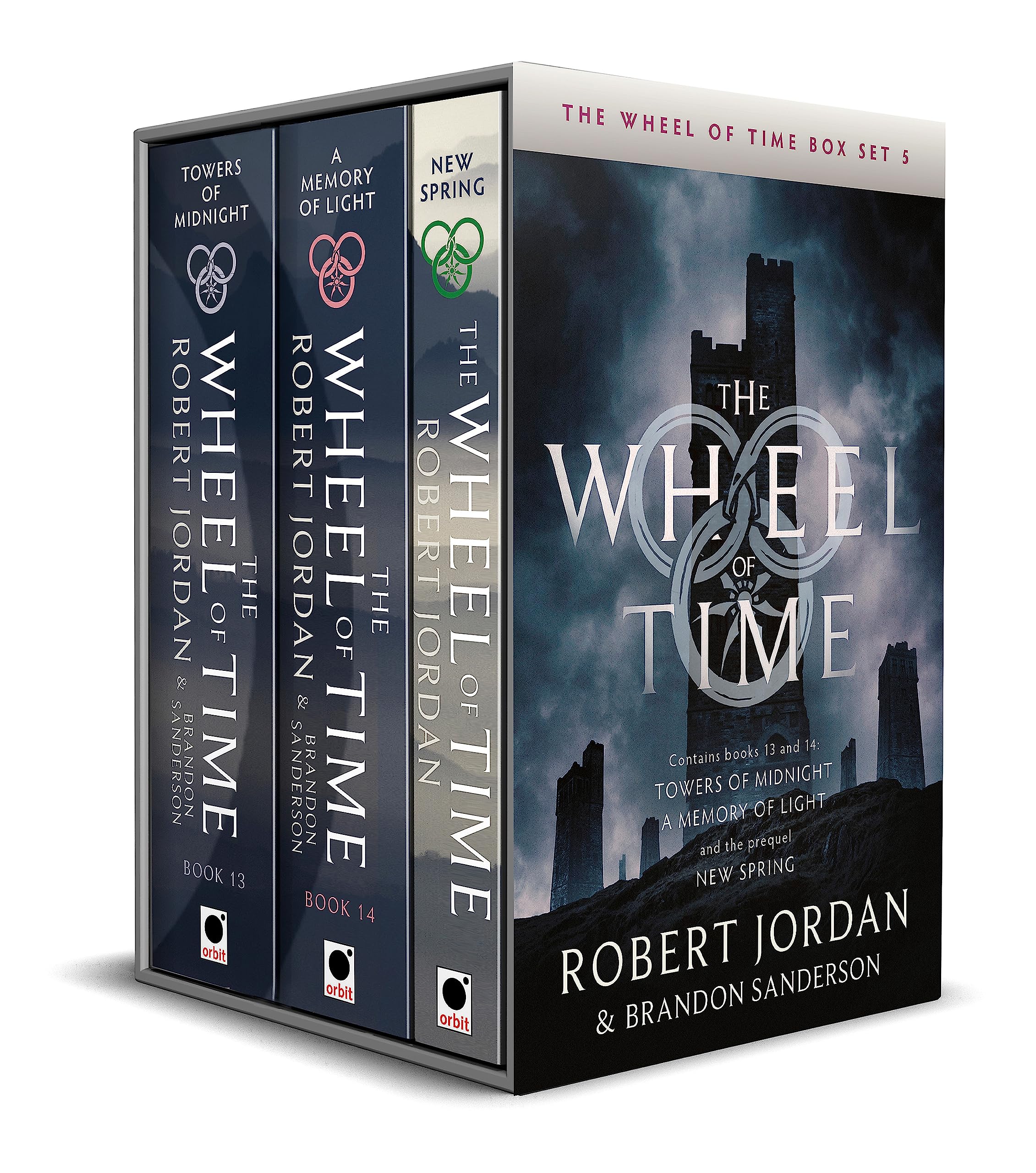 The Wheel of Time Box Set 5 by Robert Jordan paperback collection cover featuring Towers of Midnight, A Memory of Light, and New Spring