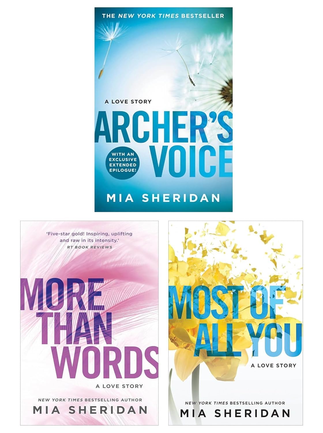 Front cover of Where Love Meets Destiny 3-book paperback collection by Mia Sheridan featuring Archer's Voice, Most of All You, and More Than Words
