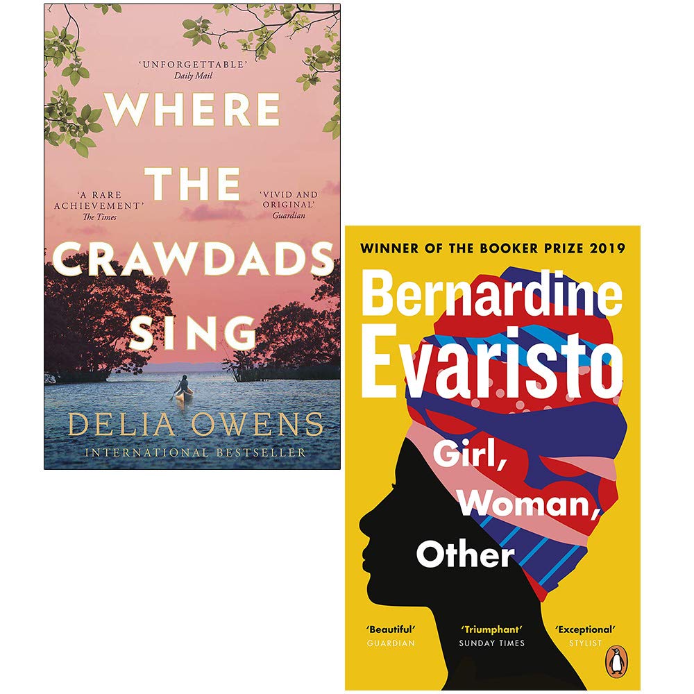 Front covers of Where the Crawdads Sing by Delia Owens and Girl, Woman, Other by Bernardine Evaristo paperback fiction set