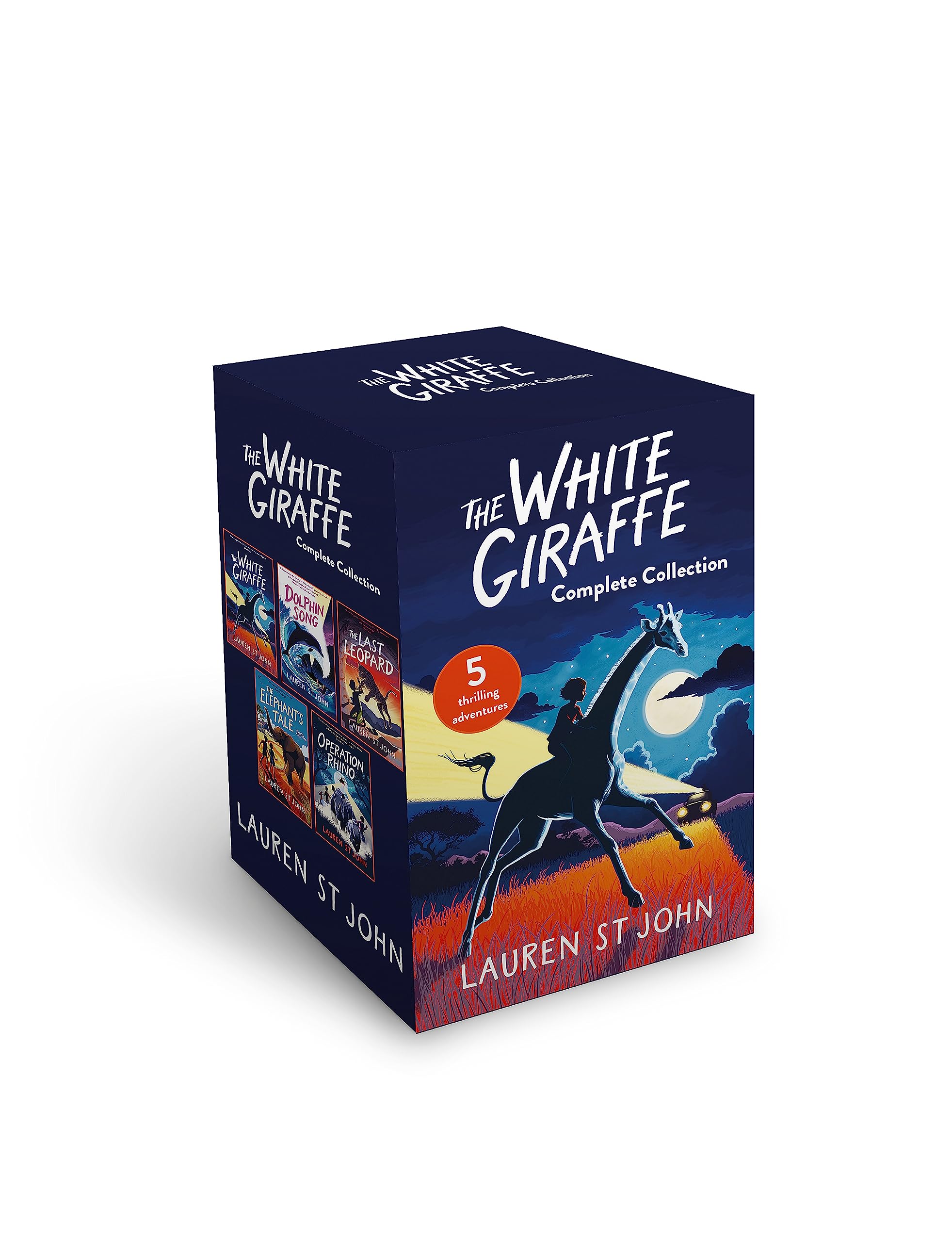 Front cover of The White Giraffe series by Lauren St John, 5-book paperback collection box set for ages 9-12
