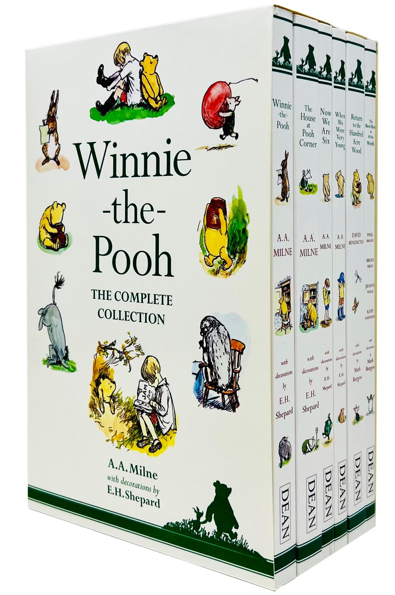 Front covers of the Winnie-the-Pooh Collection 6-book paperback set by A.A. Milne, showing classic Hundred Acre Wood illustrations.