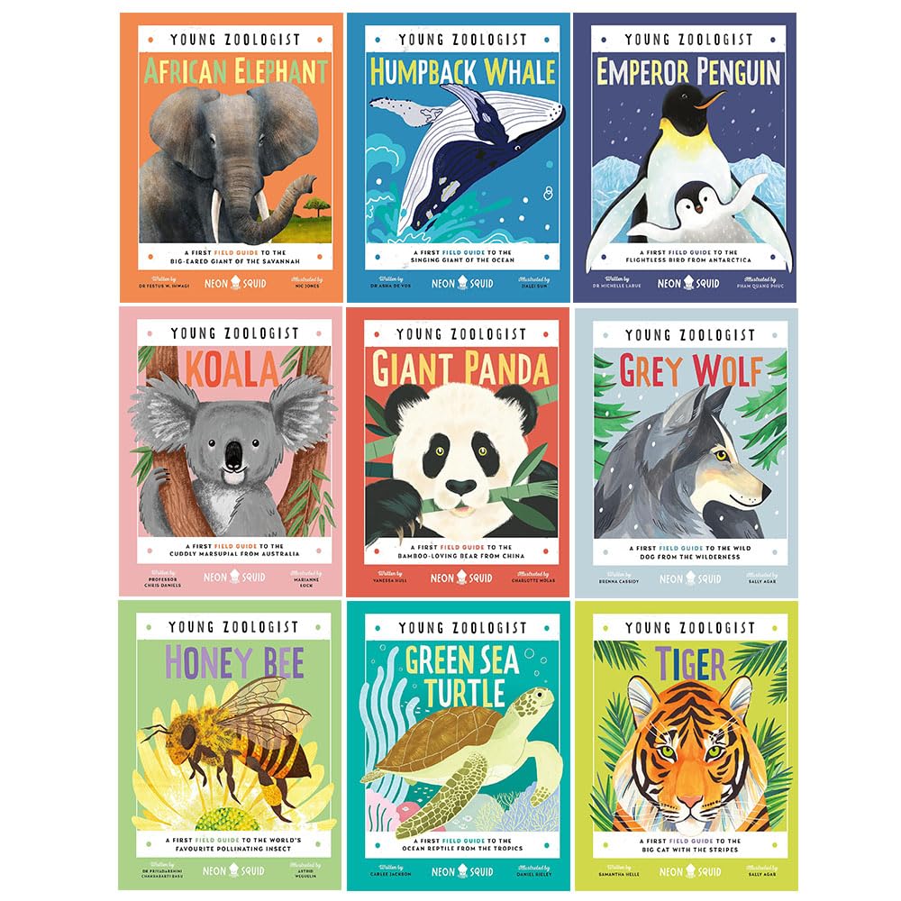 Young Zoologist Series 9 Books Collection Set by Neon Squid, hardback front covers featuring Humpback Whale, Emperor Penguin, and Tiger