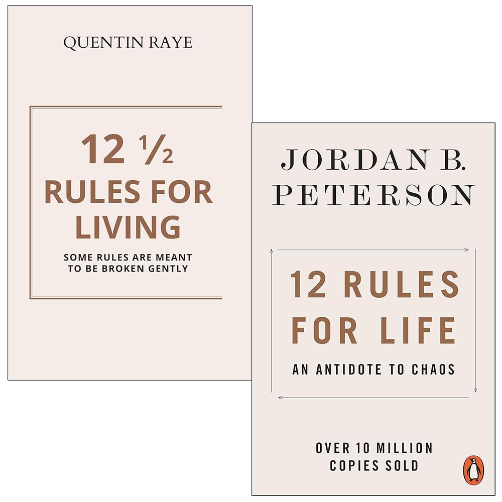 12 Rules for Life by Jordan B. Peterson and 12 1/2 Rules for Living by Quentin Raye 2 book paperback set front covers