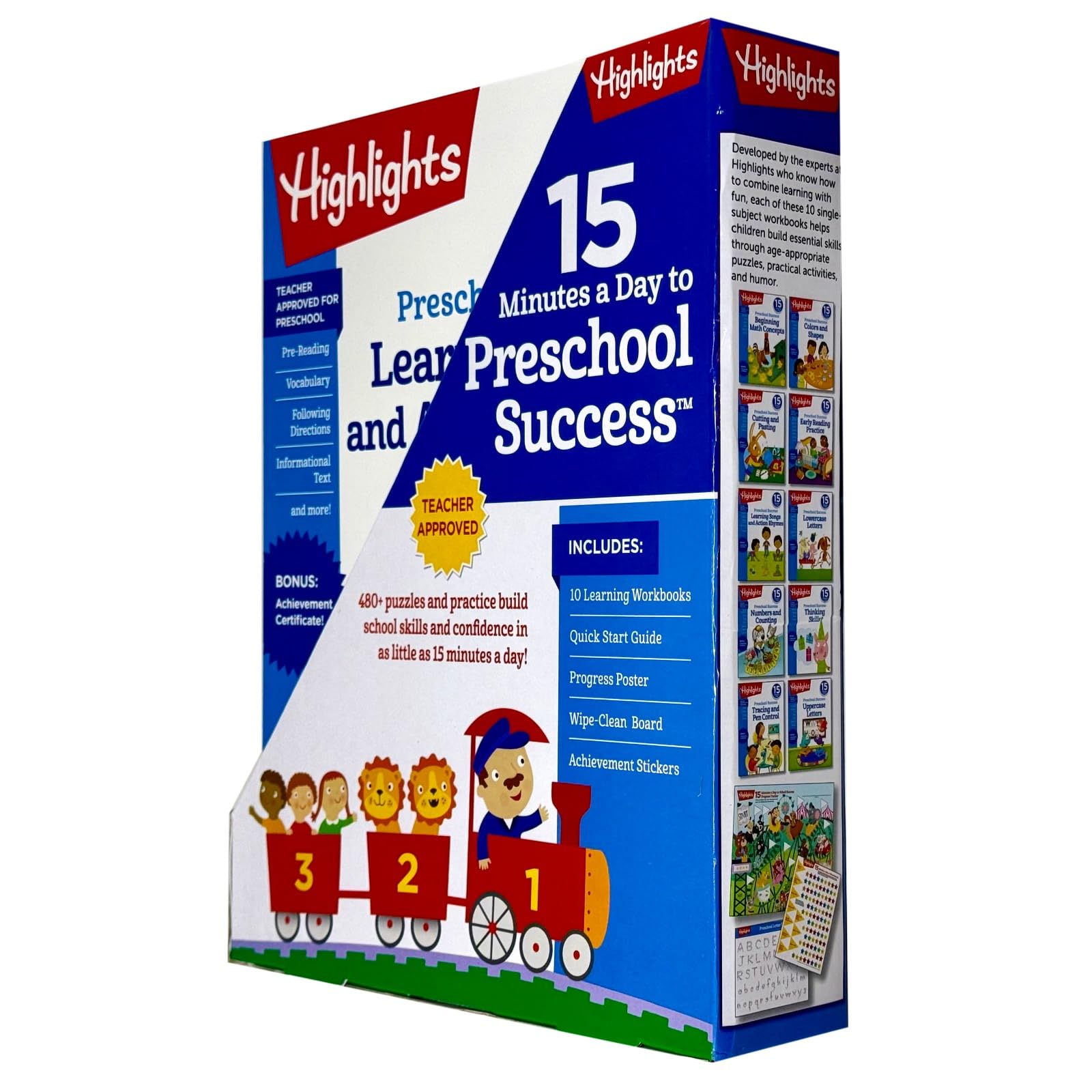 Front cover of the Highlights 15 Minutes a Day to Preschool Success 6-book paperback workbook set for ages 3-5