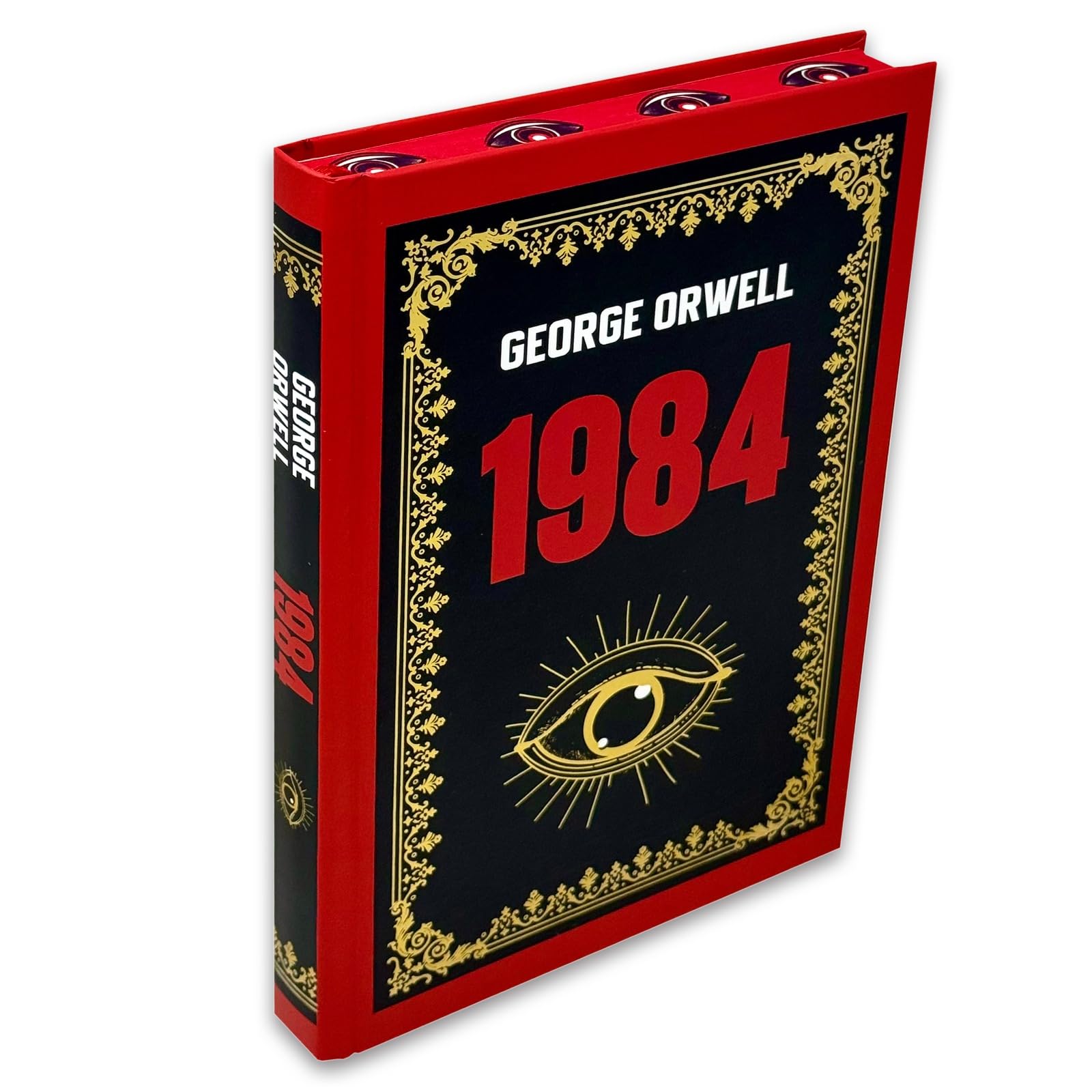 1984 by George Orwell hardcover book shown at an angle displaying spine and cover design
