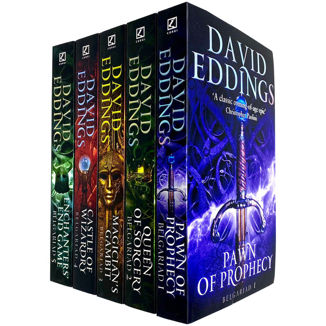 Set of five paperback fantasy books from the Belgariad Series by David Eddings, featuring colorful cover art and Corgi Childrens branding.