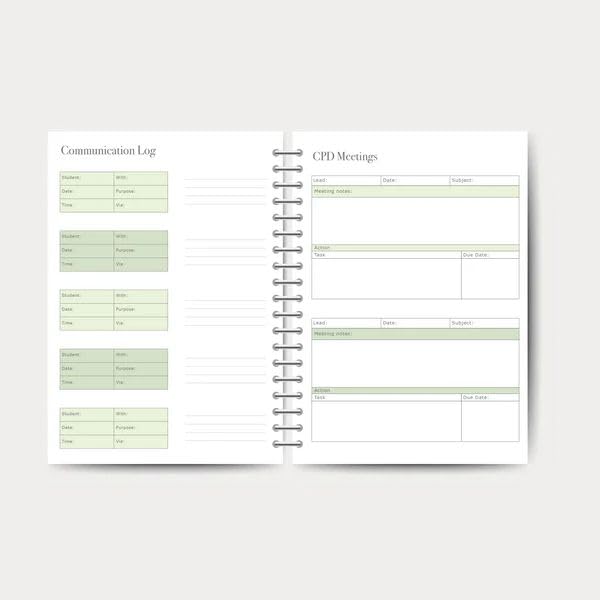 Class List and Class Data Marksheet pages inside the spiral-bound teacher planner