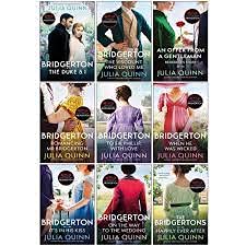 Set of nine Bridgerton family series novels by Julia Quinn in paperback, featuring colorful covers and classic Victorian-era romance.