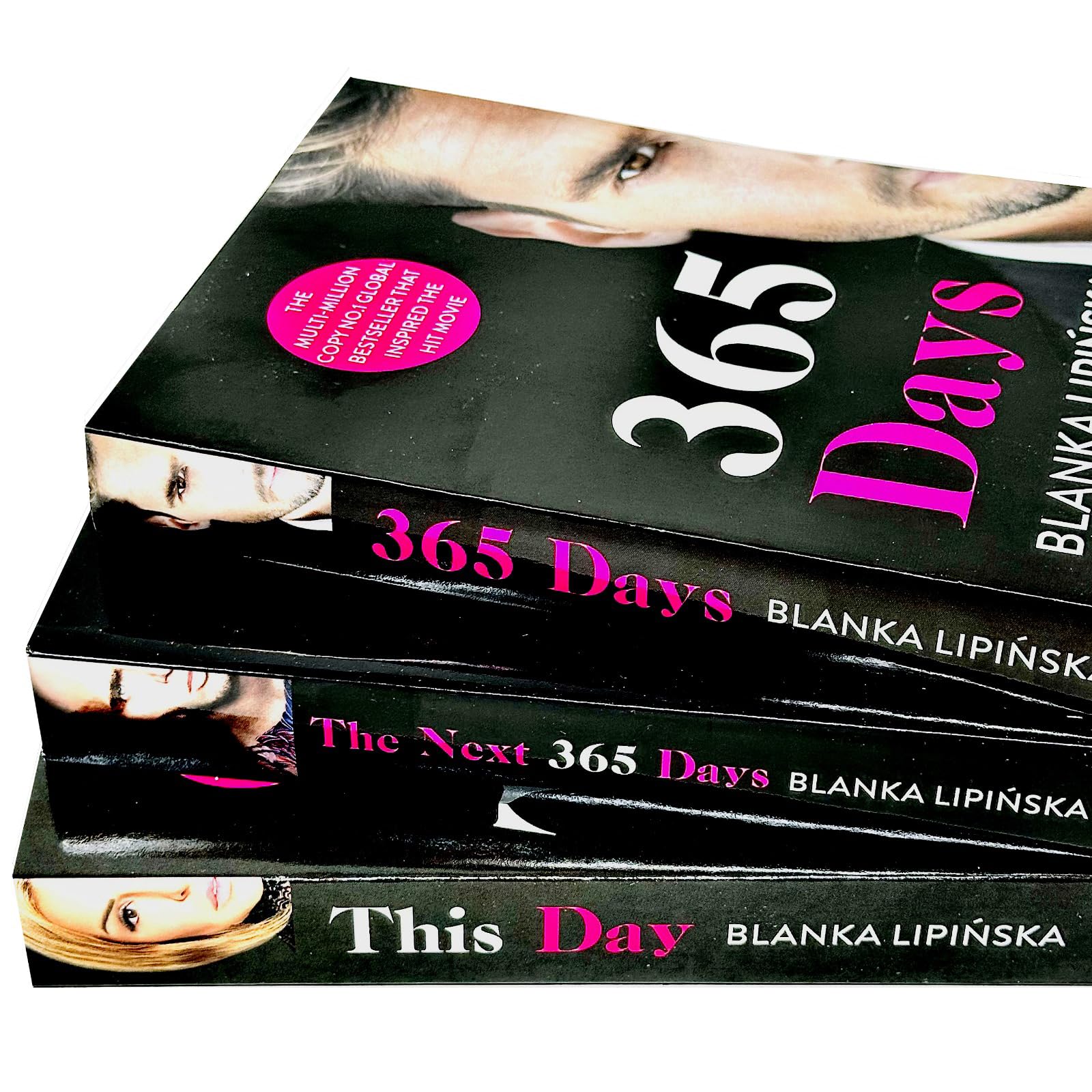 Close-up of the 365 Days, This Day, and The Next 365 Days paperback book spines side by side