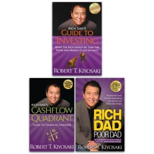 Three paperback books from the Rich Dad series by Robert Kiyosaki, featuring engaging nonfiction content.