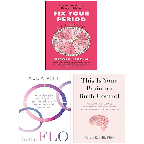 Three hardback books titled "Fix Your Period" and "Brain on Birth Control" from Nicole Jardim, displayed on a table.