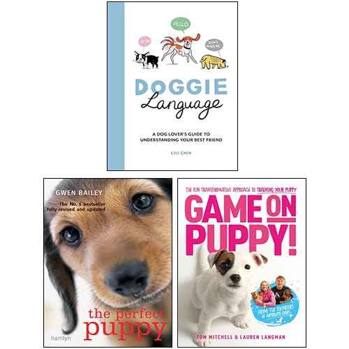 Three paperback books from the Doggie Language collection for ages 3-7, featuring illustrations by Lili Chin.