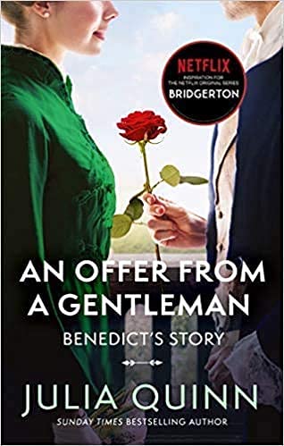 Set of five Bridgerton Series books by Julia Quinn in paperback, featuring colorful covers and classic romance fiction.