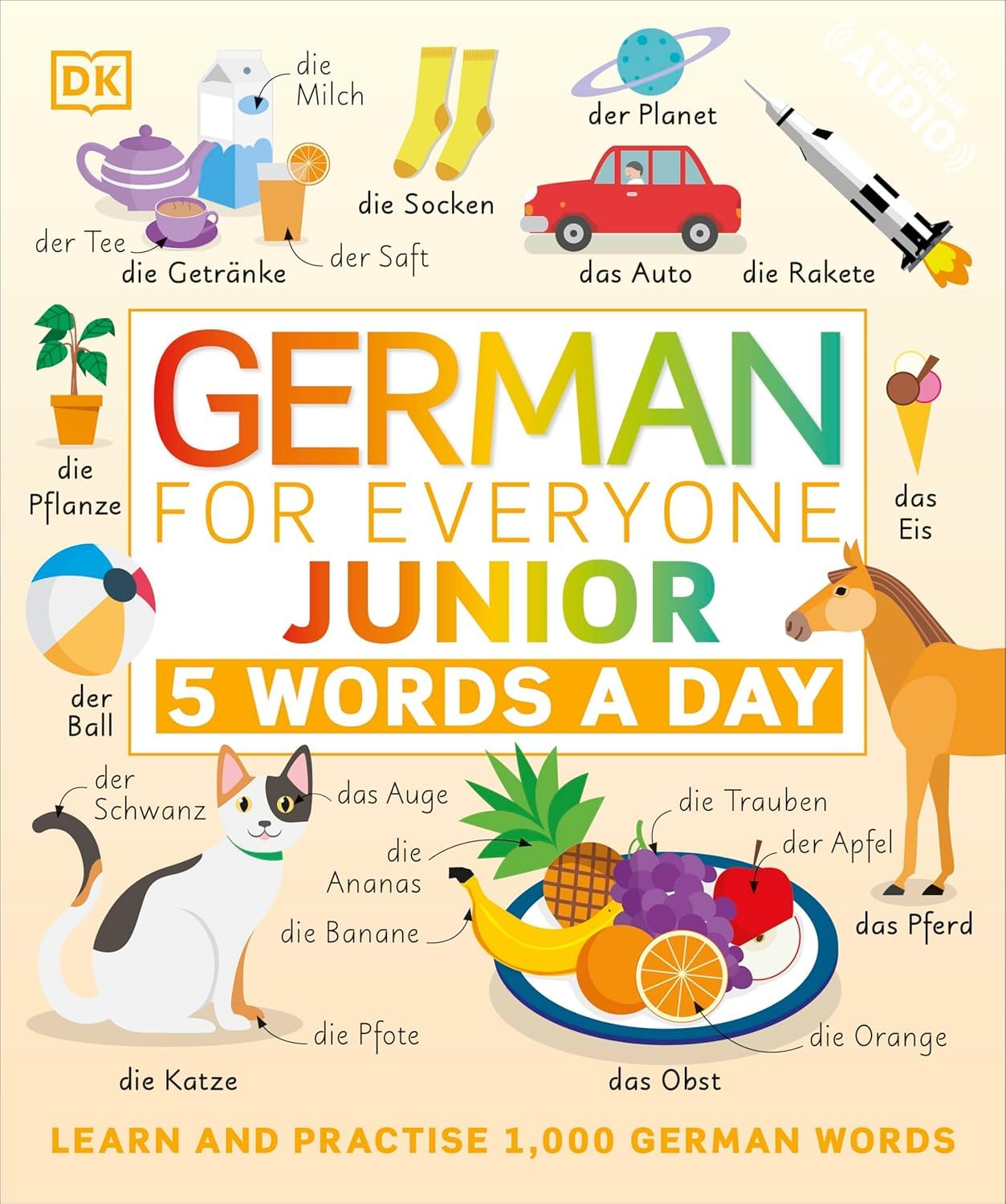 Spanish for Everyone Junior 5 Words a Day by DK paperback - inside page spread showing illustrated vocabulary activity