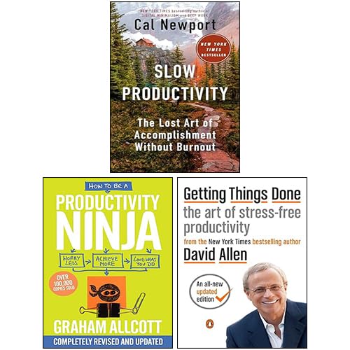 Three paperback books from Cal Newport's collection set on a wooden table, showcasing the covers and spines.