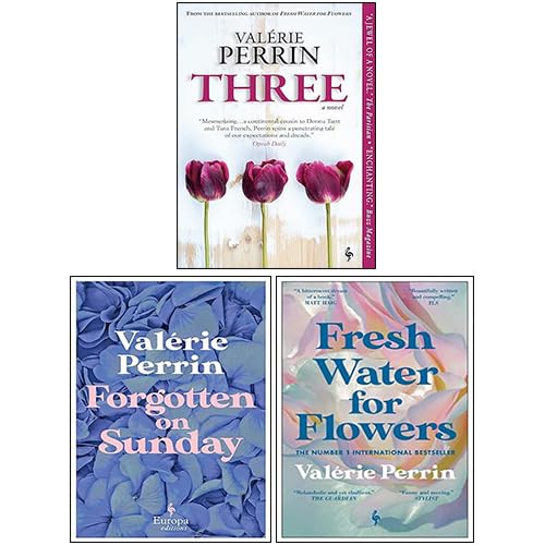Valérie Perrin 3 Books Collection Set featuring "Three," "Fresh Water for Flowers," and "Forgotten on Sunday" in paperback.