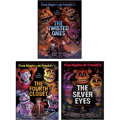 Five Nights at Freddy's novel set by Scott Cawthon, featuring three paperback books with eerie cover art.